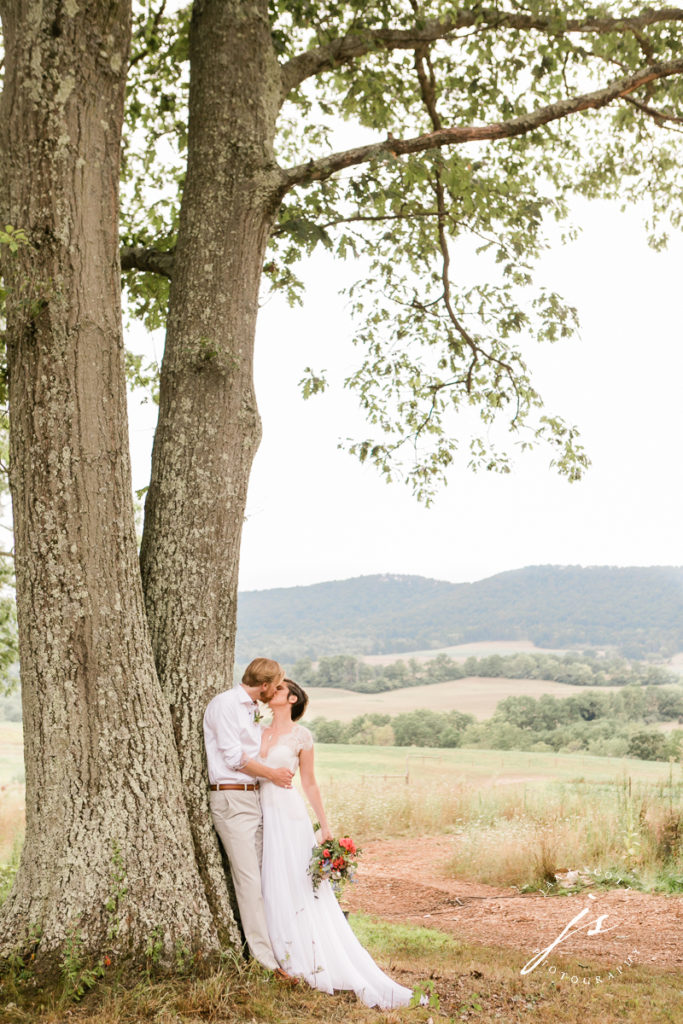 bride and groom kissing under a tree that looks out over a valley