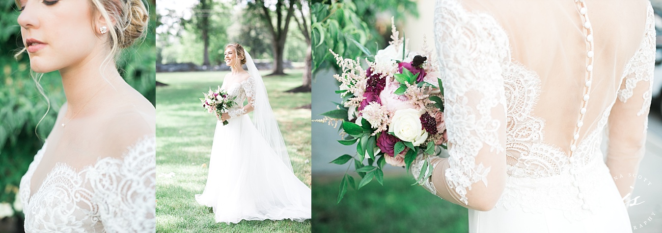 full portrait of bride and close up of her bouquet