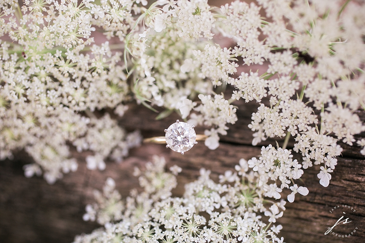 engagement ring on wood with queen annes lace