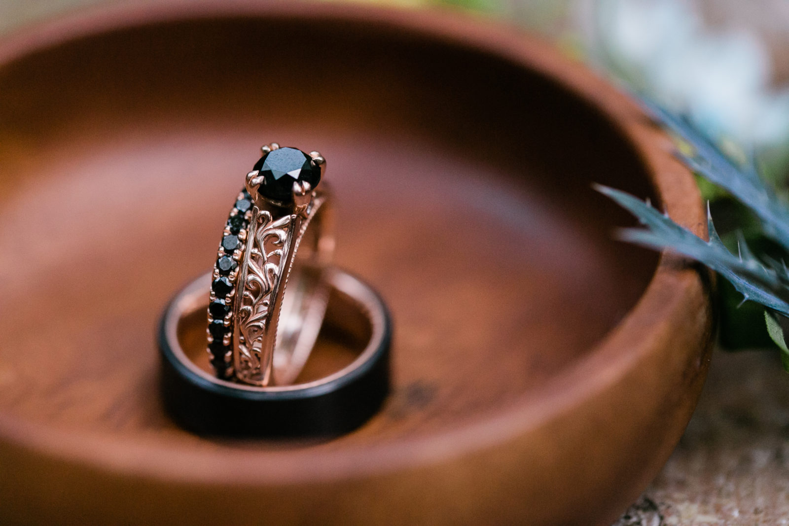rose gold wedding rings with black onyx stone